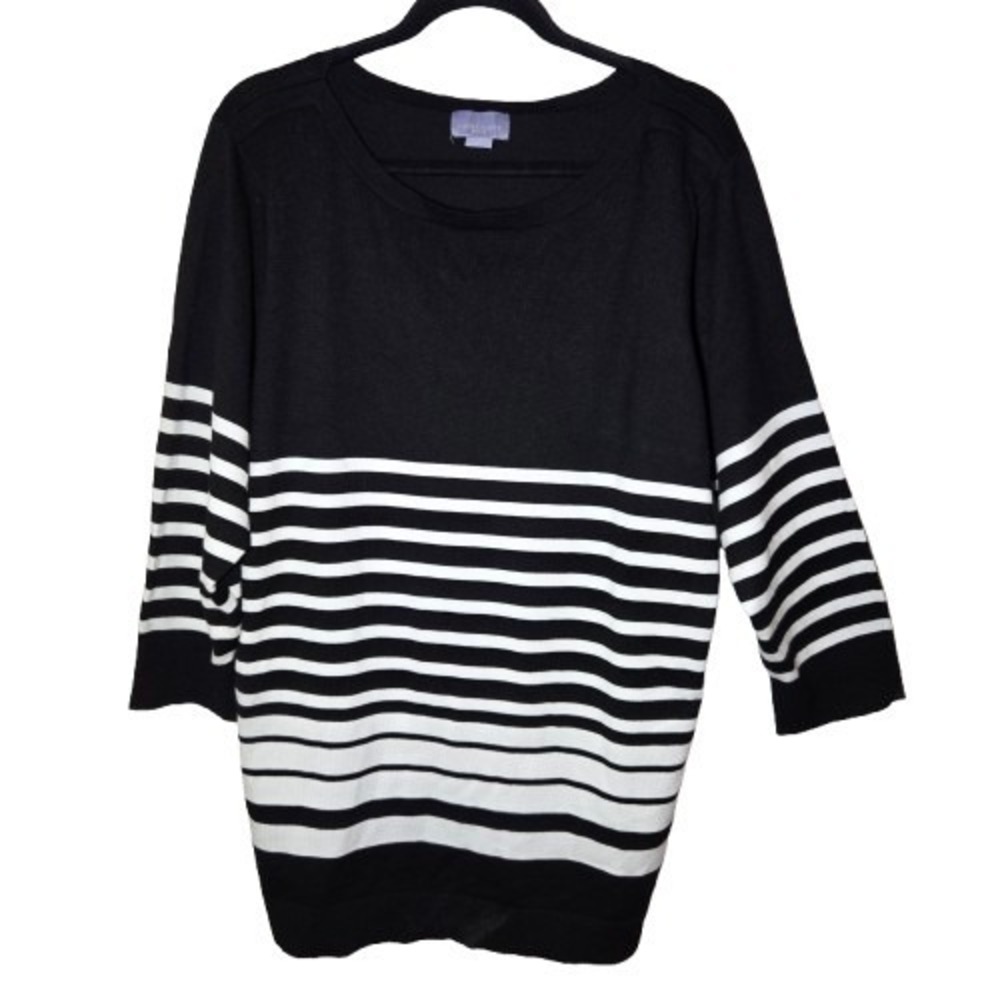 Laura Scott Black White Striped 3/4-Sleeve Boat Neck Pullover Sweater 3X